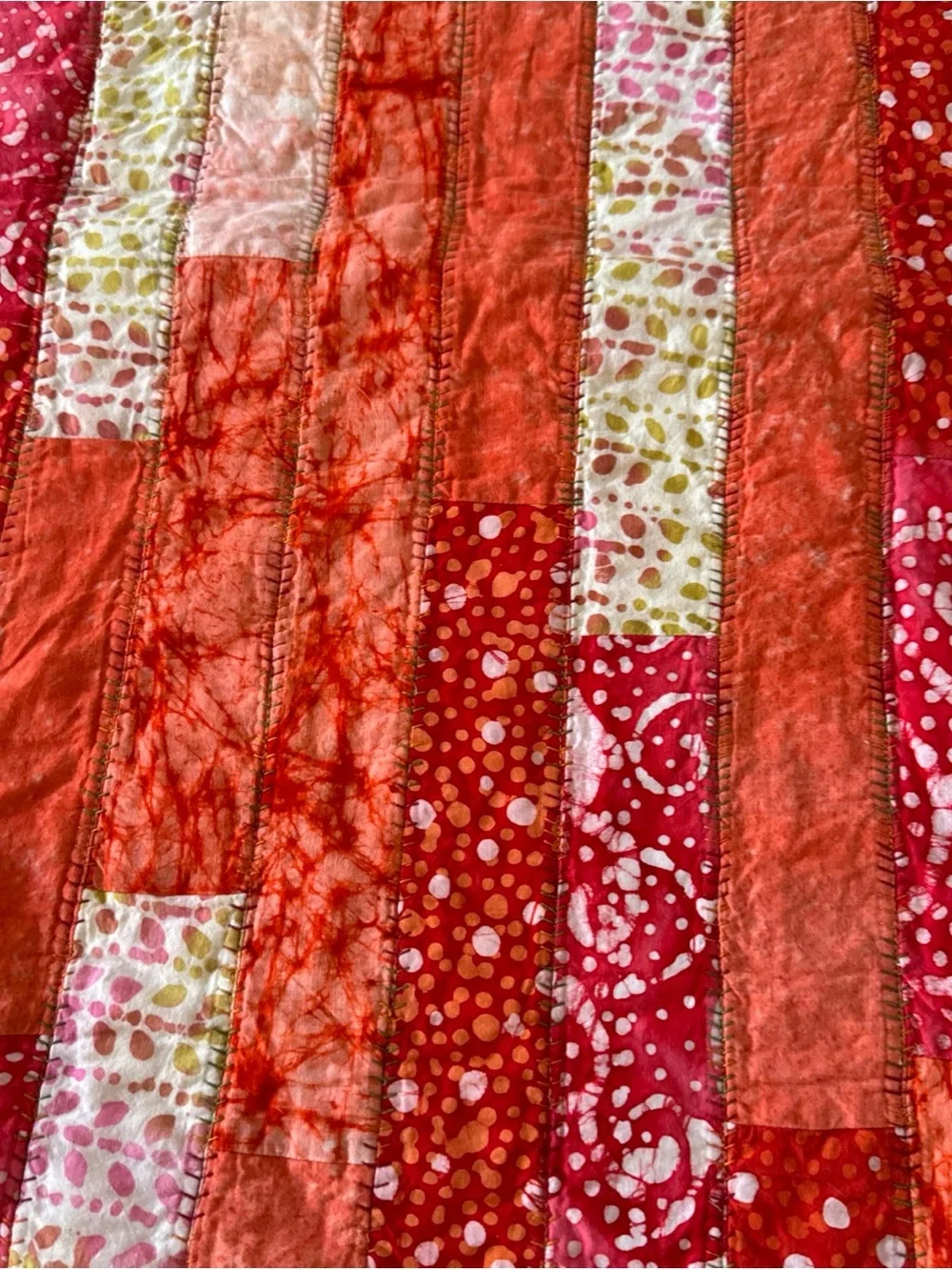 Handmade Quilted Table Runner 35” x 16” Boho Batik Patchwork Red Orange Pink
